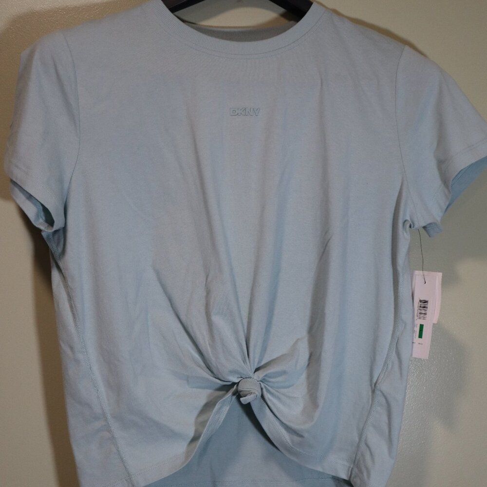 DKNY Mini Stud Logo Knot-Front T-Shirt Blue Size L NWT